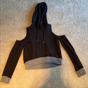 black shoulder cut out hooded sweatshirt